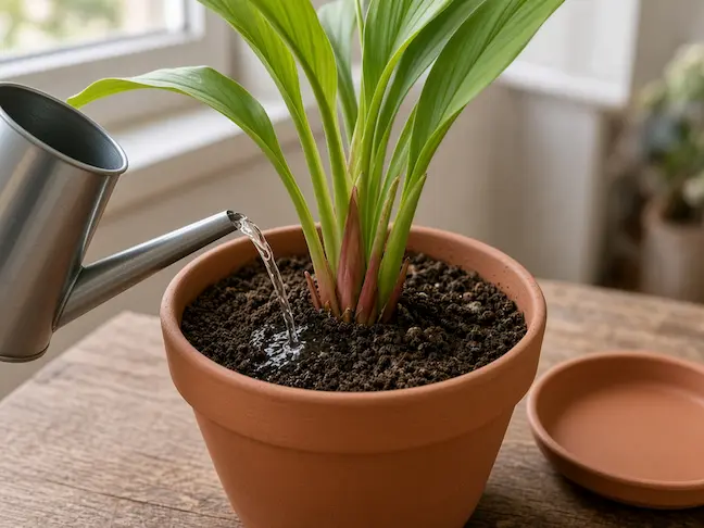 Arrosage d’un curcuma en pot jusqu’à la soucoupe