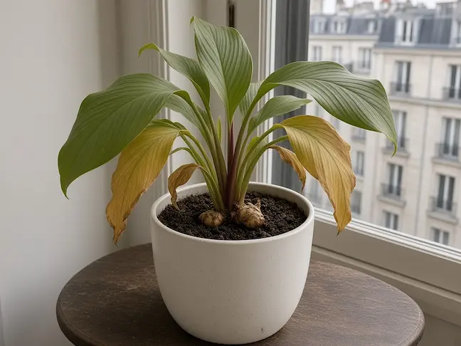 Curcuma en repos hivernal, terreau sec, feuilles du bas jaunes