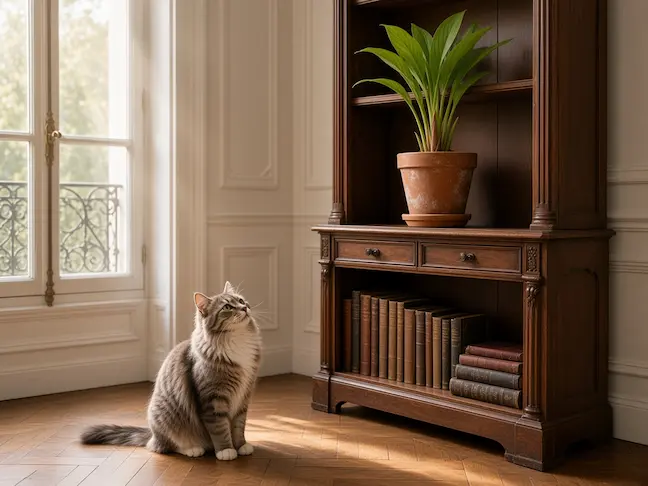 Curcuma en pot sur un meuble haut, chat au sol hors de portée