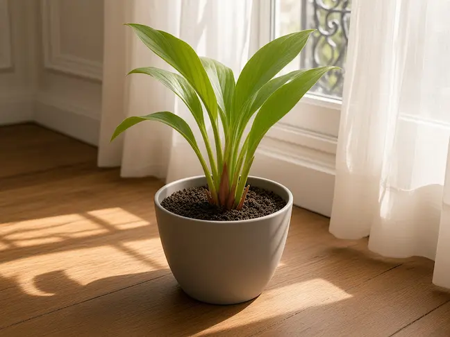 Curcuma en pot reculé derrière un voile à une fenêtre sud