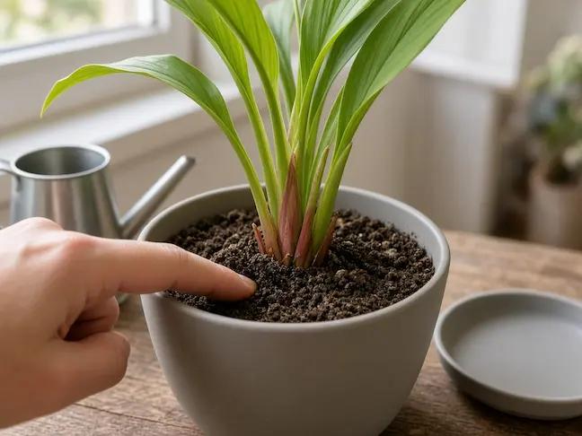 Doigt dans le terreau d’un curcuma en pot, arrosoir et soucoupe à côté