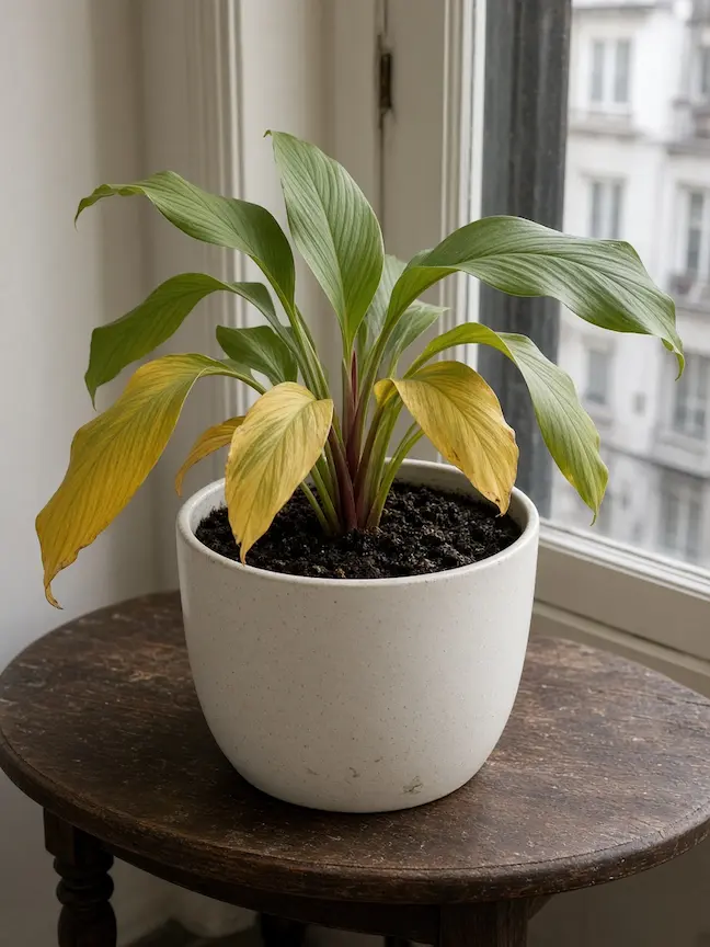 Curcuma en pot, feuilles du bas jaunes, terreau encore sombre