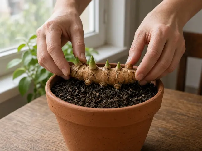 Rhizome de curcuma posé à l’horizontal, à peine recouvert de terreau