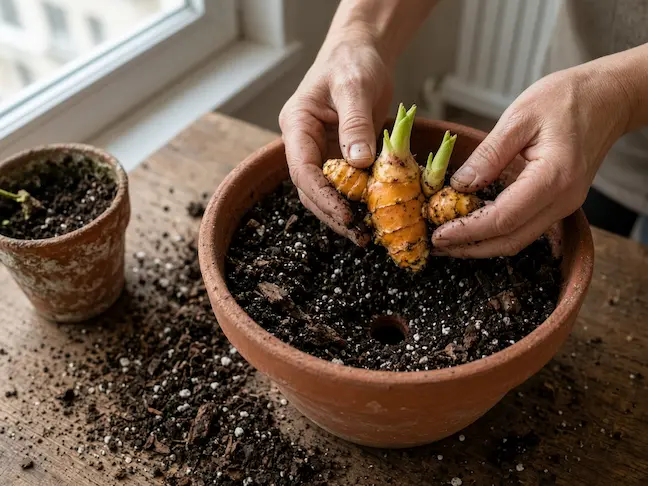 Mains qui rempotent un rhizome de curcuma dans un pot drainant
