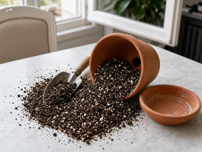 Terreau drainant et perlite dans un pot percé, pour rempoter un curcuma